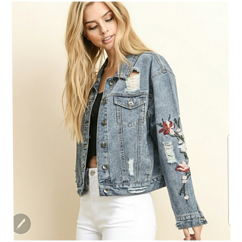 🤩 5⭐ CROPPED EMBROIDERED DENIM JACKET - Picture 4 of 8